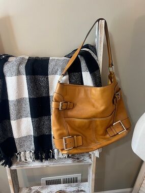 Women's Cognac Leather Shoulder Bag with Buckle Accents